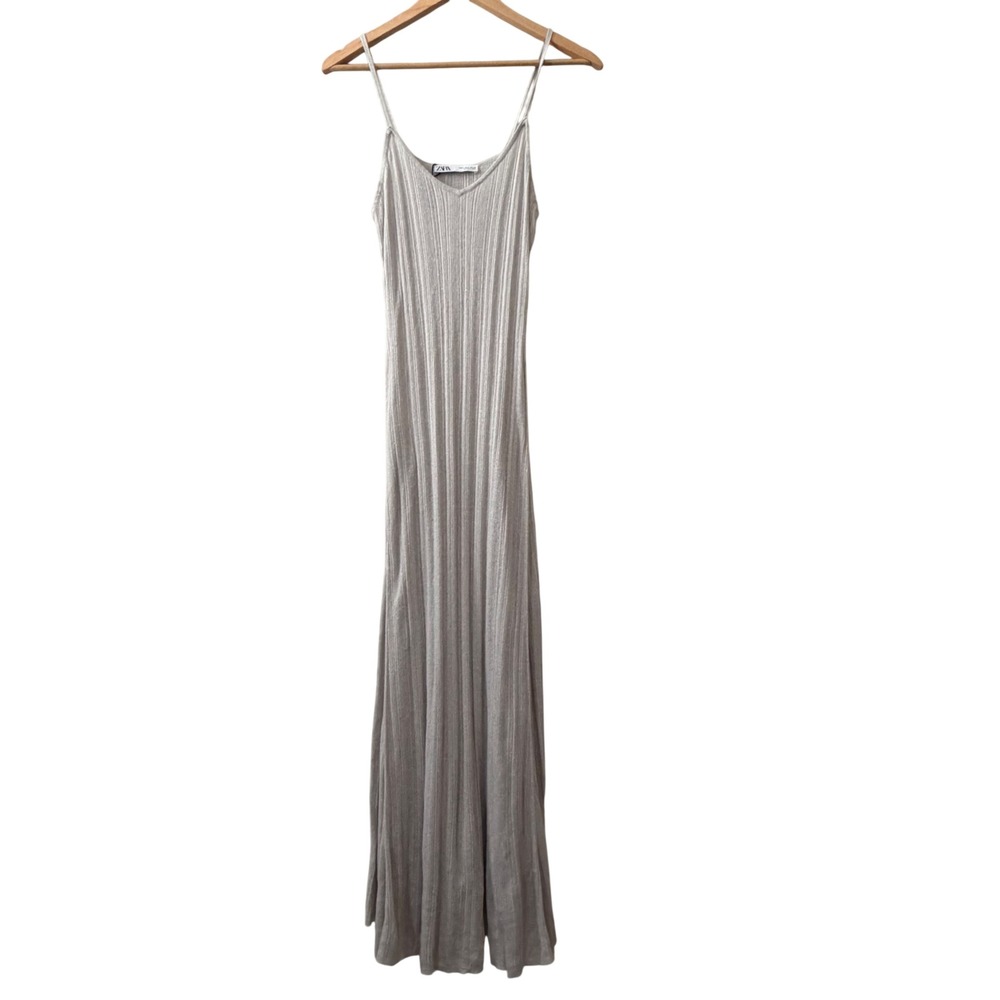 Zara Womens Metallic Ribbed Knit Maxi Dress Silver Grey V-Neck Large 0675800